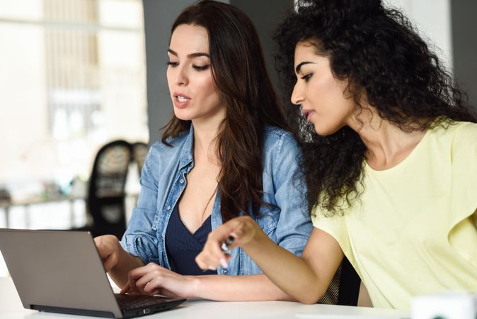 Female friends working on laptop together