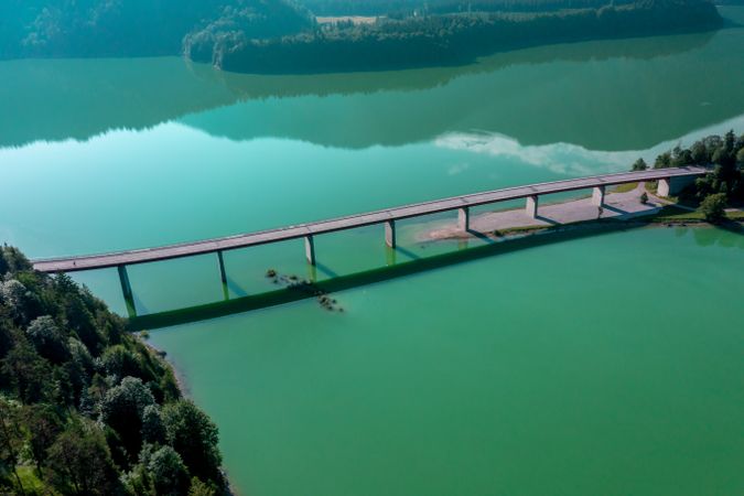 Aerial view of the bridge and Lake Sylvenstein in Bavarian Alps, Germany