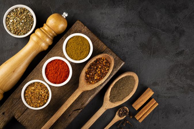 Variety of spices and seasonings on the table.