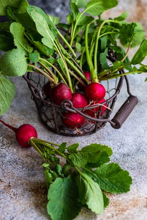 Basket of fresh radishes on kitchen counter