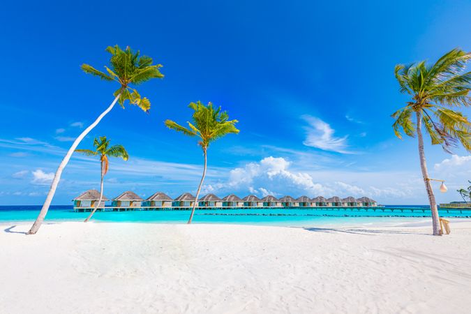 A row of overwater bungalows in the Indian Ocean