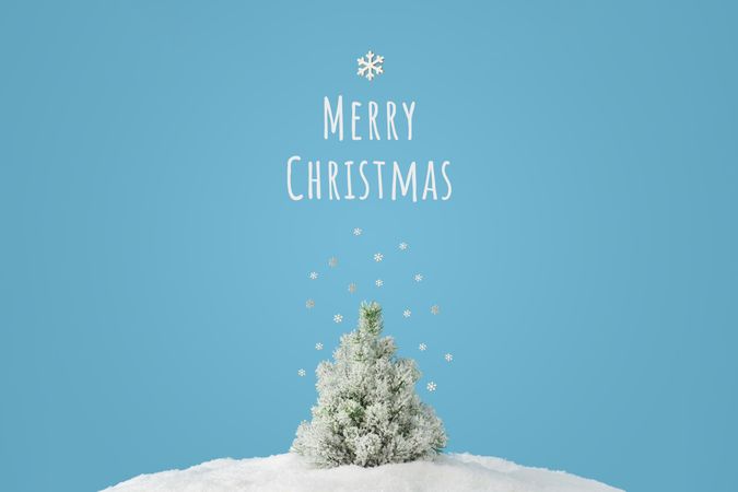 Snowy Christmas tree on blue background, with “Merry Christmas” text