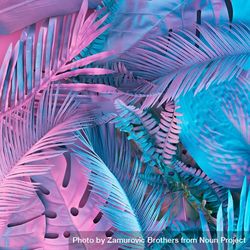 Tropical And Palm Leaves In Vibrant Bold Gradient Holographic Colors ...
