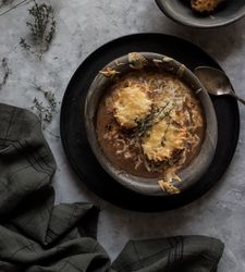 Bowl with French onion soup