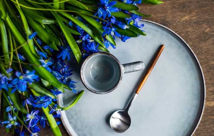 Top view of spring table setting with blue scilla siberica