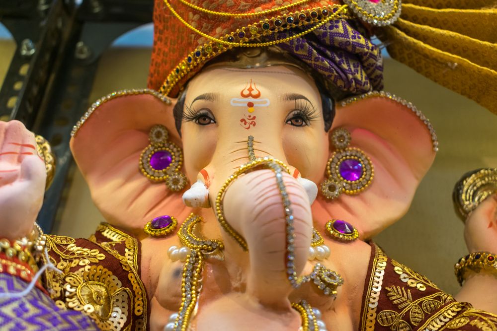 A beautiful idol of Lord Ganpati on display at a workshop in Mumbai, India for the festival of Ganesh Chaturthi
