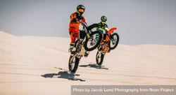 Two motocross riders doing wheelie together over sand dunes 0PyJN5