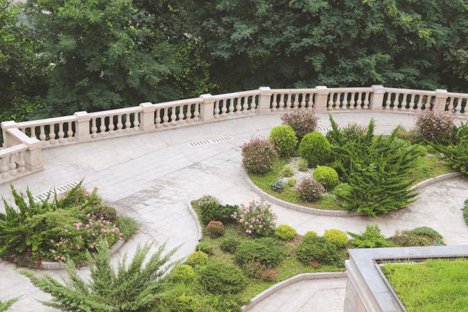 Landscape design top view. Park with flower beds and paths.