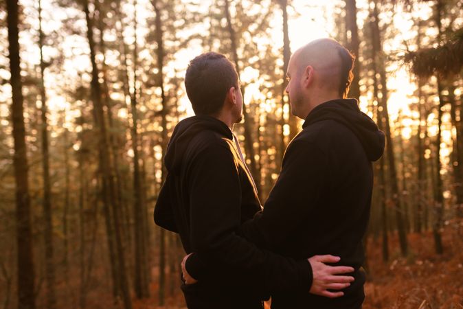 Men hugging in forest at sunset