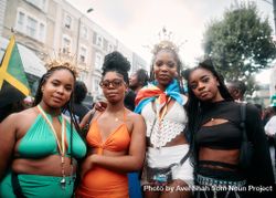 London, England, United Kingdom - August 28, 2022: Dressed up friends at Notting Hill Carniavl 5pAgA4