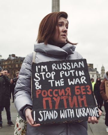 London, England, United Kingdom - March 5 2022: Russian woman at anti-war protest in London