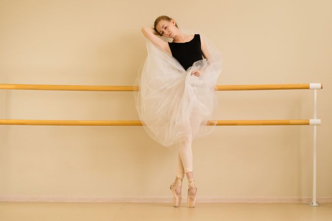 Ballet dancer poses gracefully in a dance studio