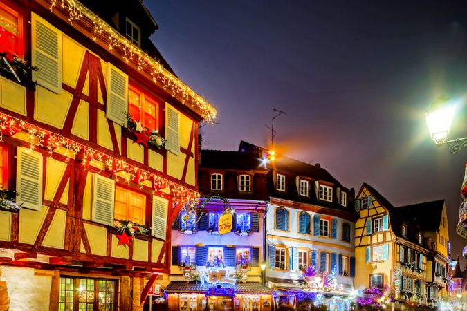 Lit up street for the holidays in Colmar, Alsace, France