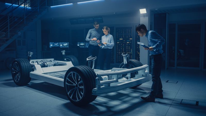In Automotive Innovation Facility Concept Vehicle Frame Includes Tires, Suspension, Engine and Battery