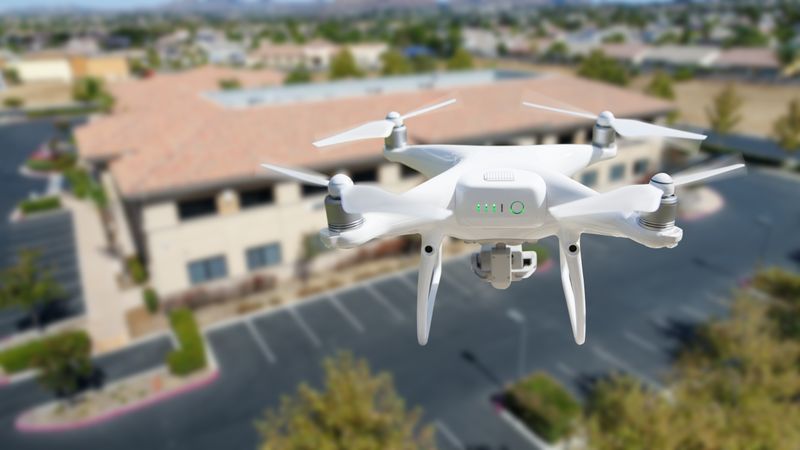 Unmanned Aircraft System Quadcopter Drone In The Air Near Corporate Industrial Building