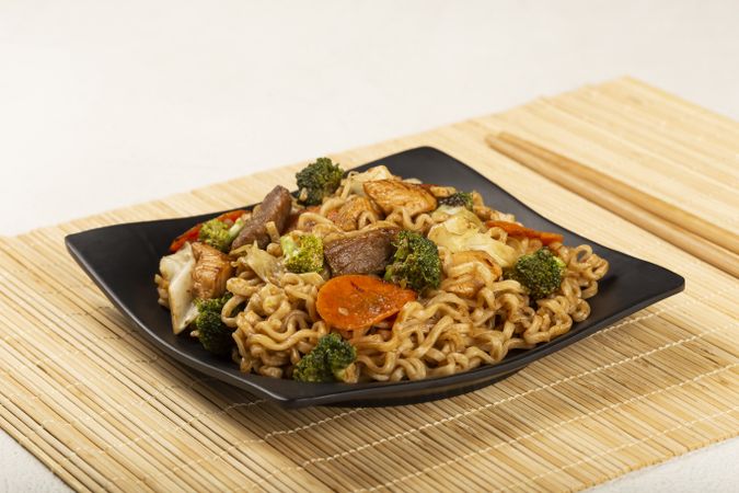 Yakisoba noodles. Yakisoba dish with meat, chicken and vegetables.