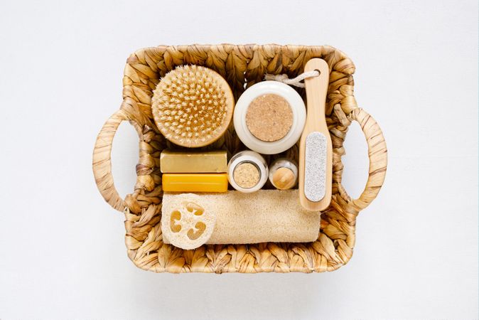 Top view of luxury bathing accessories in basket