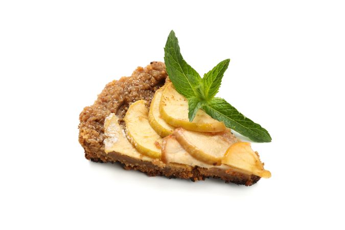 Piece of tasty apple pie isolated on neutral background. Homemade food