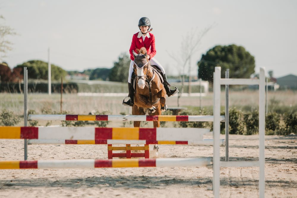 Teen girl riding horse and jumping over bars