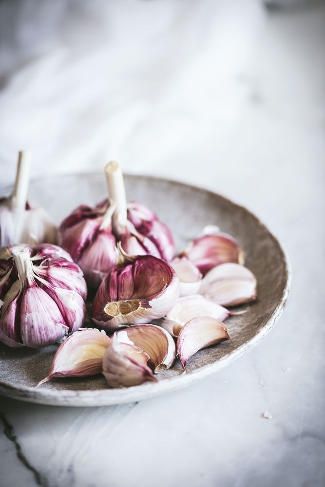Close-up of a plate of garlic