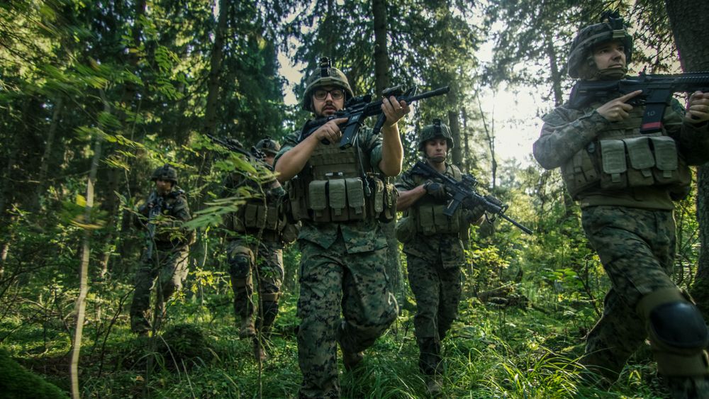 Squad of Fully Equipped Soldiers in Camouflage on a Reconnaissance Military Mission, Rifles Ready.
