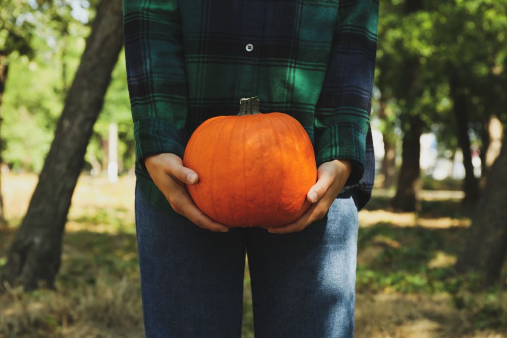 Woman in shirt and jeans hold pumpkin outdoor