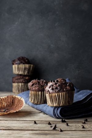 Chocolate banana muffin on towel