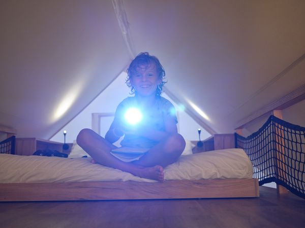 Smiling boy shining flashlight at camera