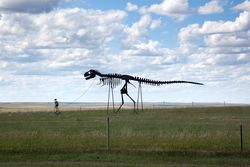 Roadside sculpture of a skeleton taking a dinosaur skeleton for a walk, South Dakota v4mLo5