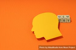 Orange duotone flat lay of head with shadow with the word “memory” in wooden blocks, copy space 5pdkO5