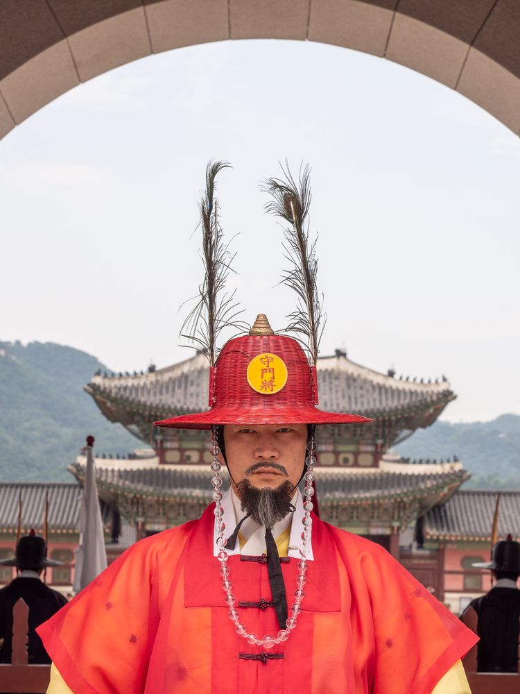 Busan, South Korea - August, 05 2017: Korean warrior near archway