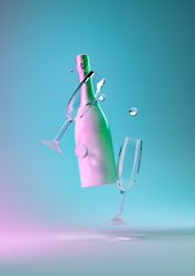 Champagne bottle with glasses ultraviolet and holographic neon lights