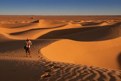 Anonymous photographer standing in desert