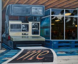 Painted wall mural of vintage Polaroid camera