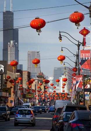 Street decorated with red lanterns in China Town, Chicago, Illinois, US