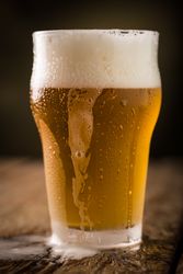 Freshly poured pint of beer overflowing with foam, vertical