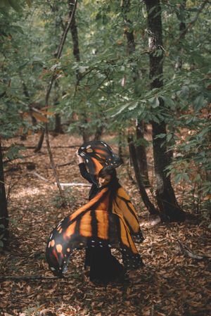 Woman in butterfly costume in forest