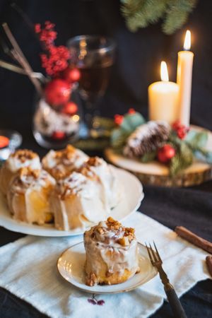 Holiday cinnamon pastries on festive table