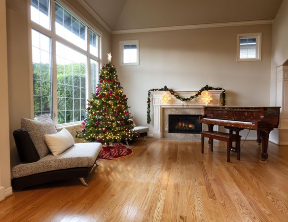 Home living room with Christmas decorations during daytime