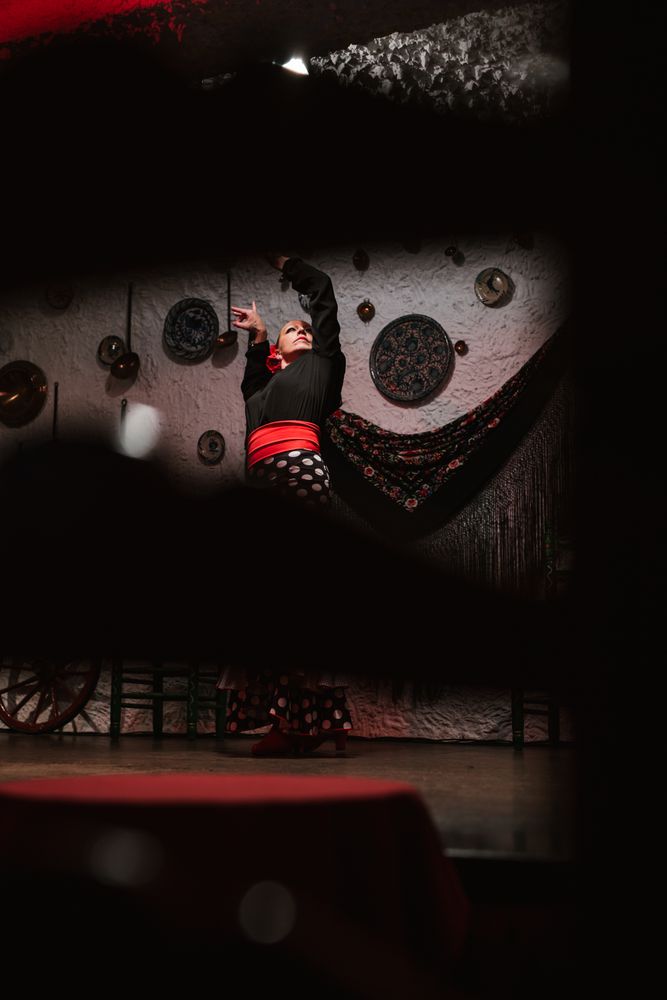 Woman dancer in flamenco costume standing in dance posture