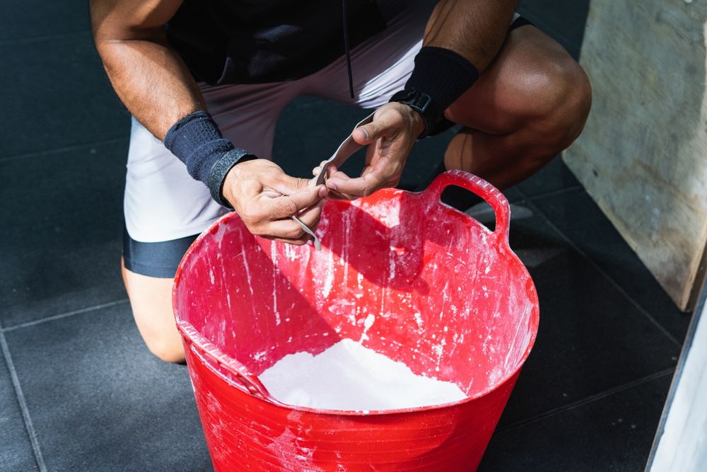 Unrecognizable sportsman near bucket with talc