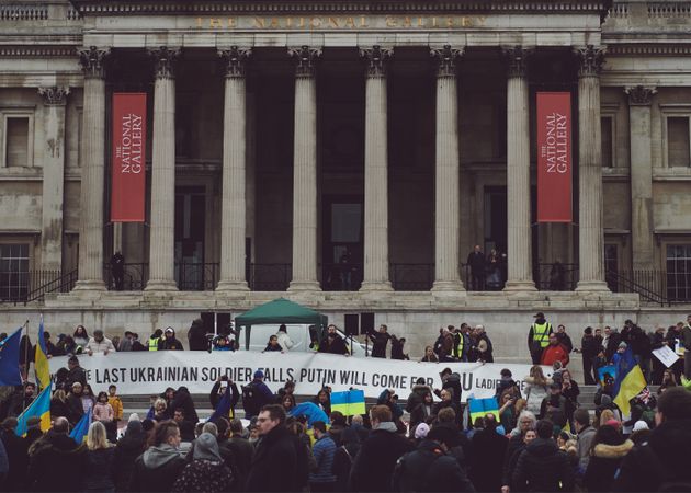 London, England, United Kingdom - March 5 2022: People gathered at protest in Trafalgar Square