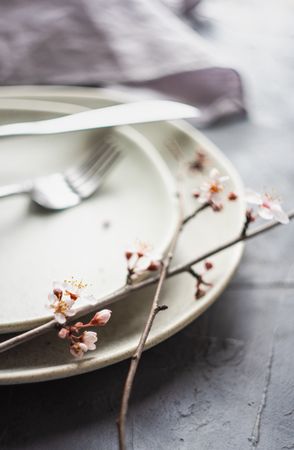 Spring table setting with blooming pink tree branch