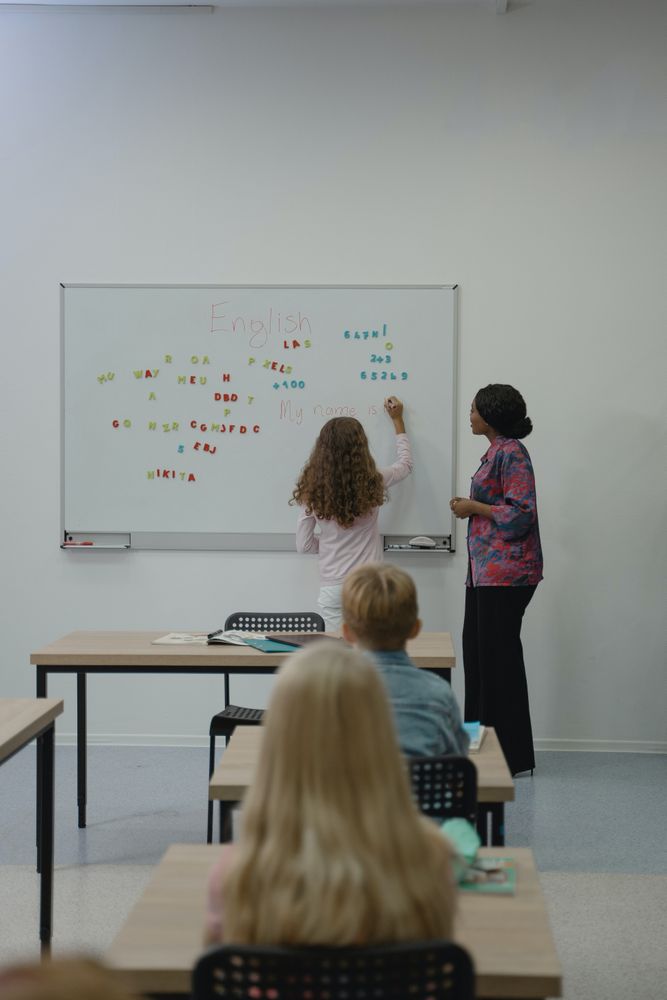 Back view of students and teacher in classroom