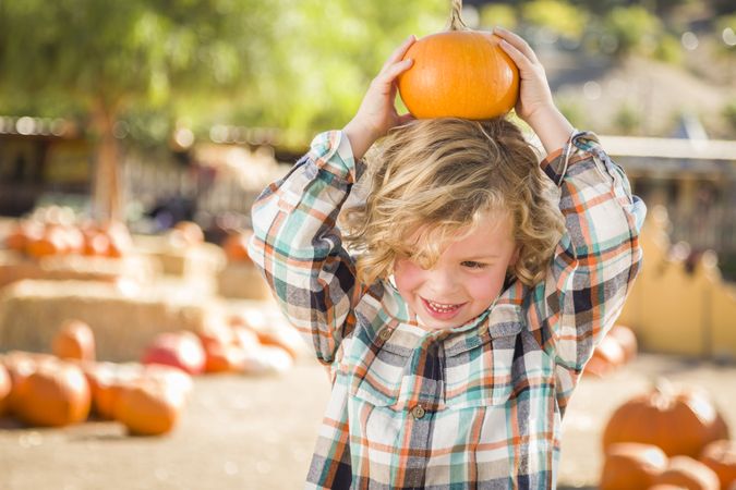 Child Holding His Pumpkin at a Pumpkin Patch Above his Head