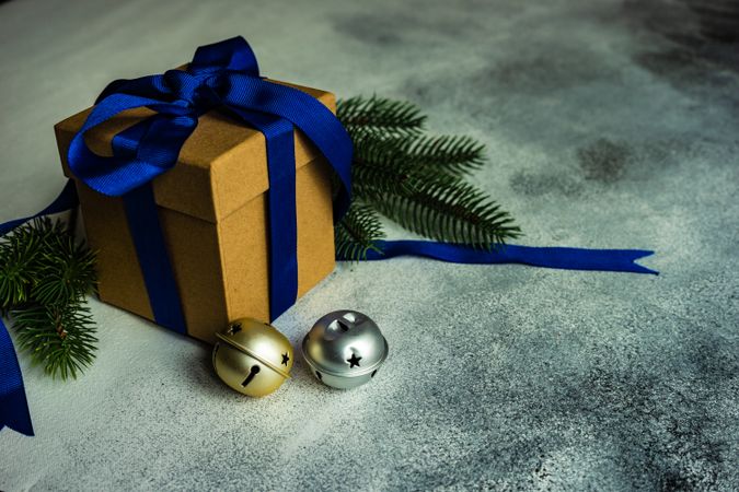 Christmas gift wrapped in blue ribbon with pine and bells