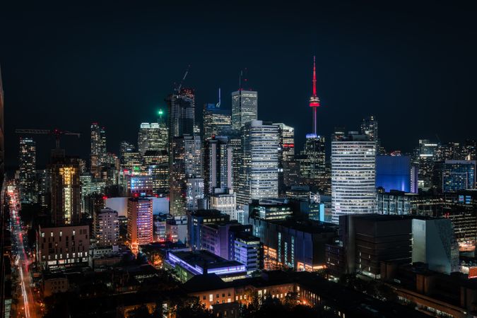 City skyline of Toronto by night in Canada