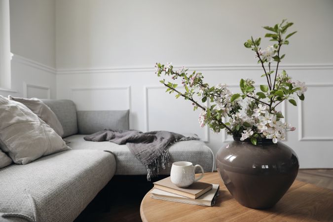 Spring interior still life of books in elegant living room view