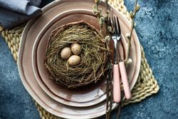 Top view of decorative eggs in delicate nest on ceramic pink plate on placemat