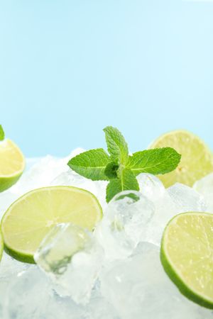 Vertical shot of pile of ice with lime halves and mint in blue room